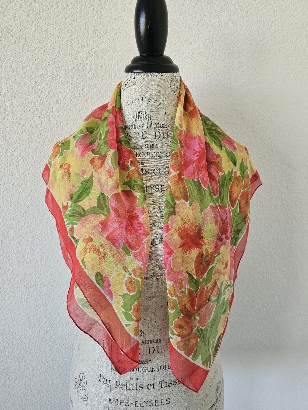 Vintage Sheer Floral Square Scarf Bright Pink Yellow Orange Botanical 30x30​